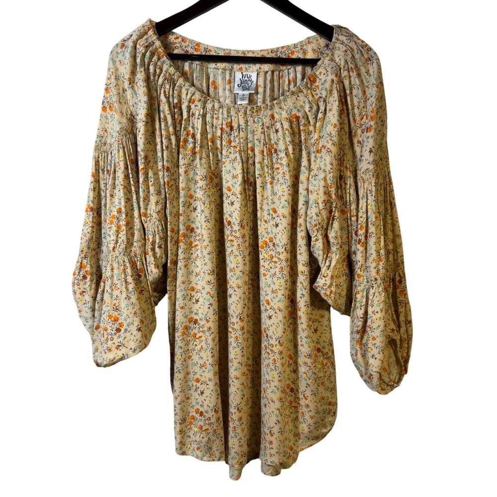 Ivy Jane Tan Floral Peasant Blouse Smocked Ruffle Sleeve Boho Top Small